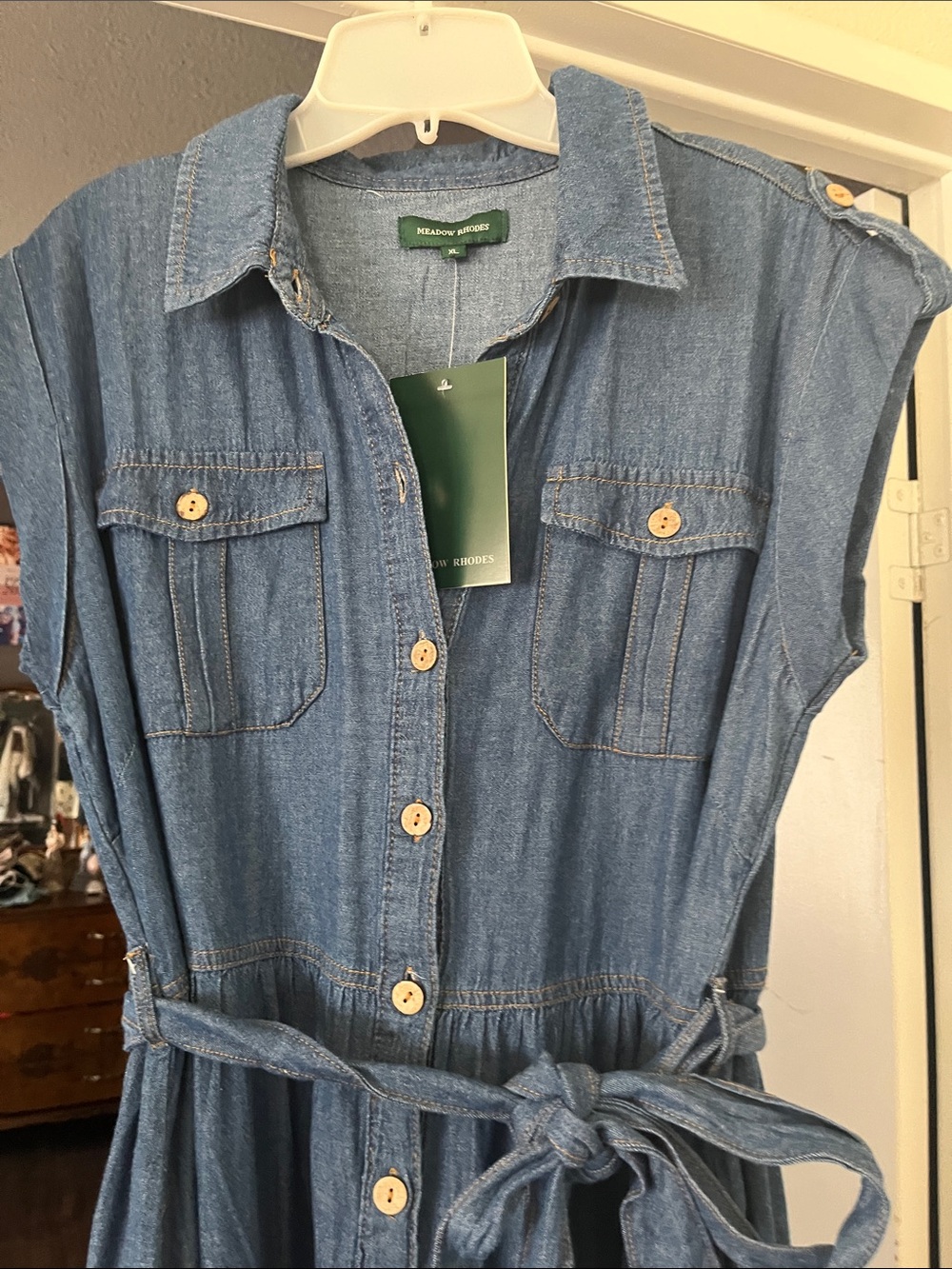 Denim Button-Front Maxi Dress with Tie Waist - Picture 3 of 7